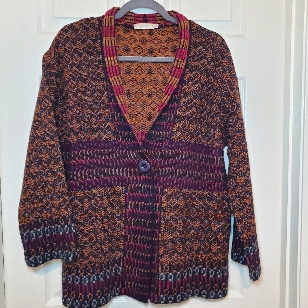 A. Ida Wool Blend Cardigan Sweater One Button Closure Sz M